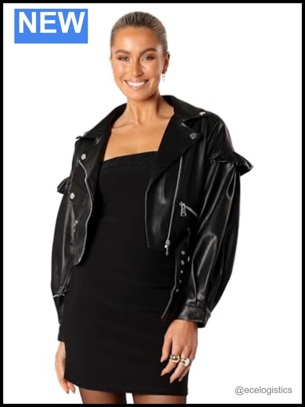 Faux Leather Motorcycle Jacket for Women Cropped Ruffled Sleeves